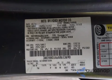 2010 Mercury Milan Premier из США, поврежденный, VIN 3MEHM0JA6AR653690